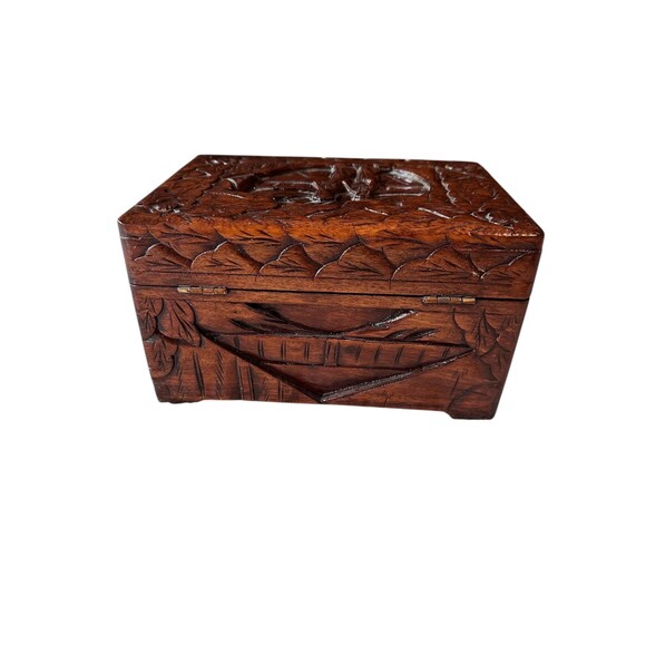 Vintage Hand-Carved Wooden Jewelry Box with Red Velvet Interior | Asian Trinket - Picture 4 of 4